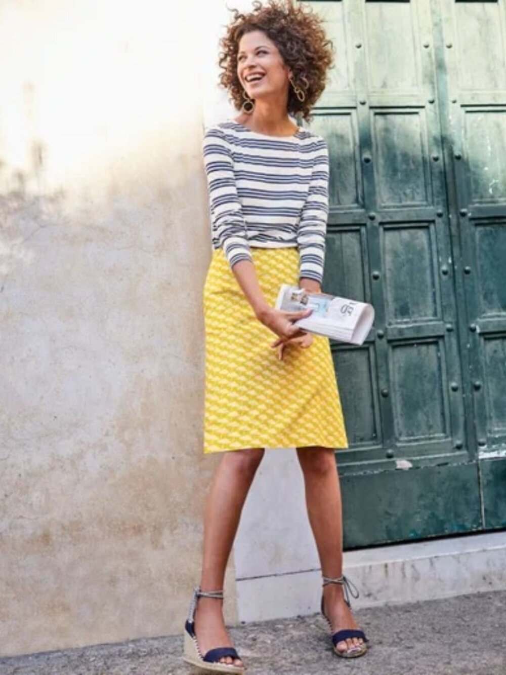 Boden Mimosa Yellow Parasol Print A-Line Cotton Skirt Women's US 14L Tall Pocket